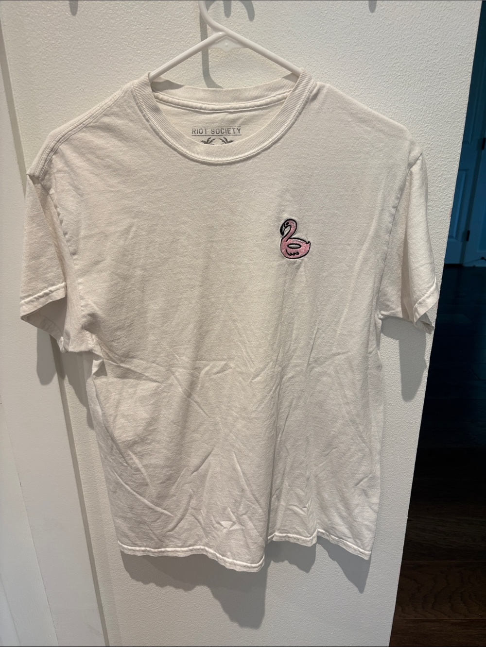 riot society White Short Sleeve Tee with Pink Flamingo Emblem